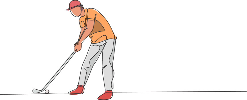 One single line drawing of young sporty golf player hit the ball using golf club illustration graphic. Healthy sport concept. Modern continuous line draw design for golf tournament poster png