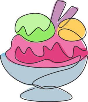 One continuous line drawing fresh delicious sundae ice cream restaurant logo emblem. Sweet dessert food cafe shop logotype template concept. Modern single line draw design graphic illustration png