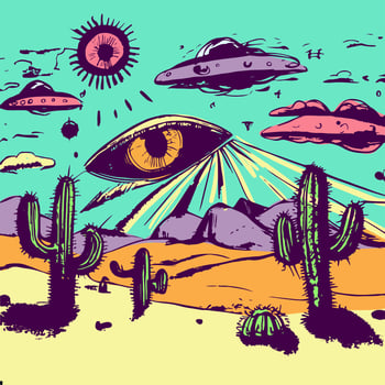 Psychedelic desert landscape with surreal cactuses, UFOs, aliens and floating eyes. LSD poster with extraterrestrial life doodles from area 51. vector