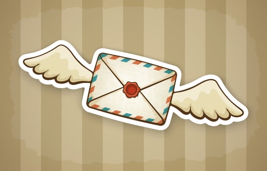 Sticker of flying closed vintage envelope with wax seal and wings vector