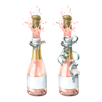 A bottles of pink champagne with a festive ribbon and a fountain, an explosion of champagne with a cork. Watercolor illustration. An isolated objects from a large set of HAPPY BIRTHDAY png