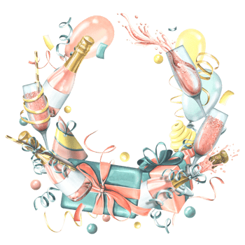 The festive frame is round, with pink champagne in bottles and glasses, with a cake, flags, confetti and gifts. Watercolor illustration, hand drawn. Isolated objects  for birthday. png