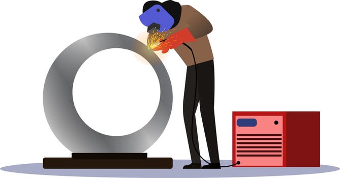 man welds iron at the factory vector illustration, welding worker at the workshop design concept, skilled welder, metal worker weld iron at the factory