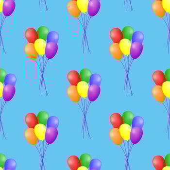 Seamless pattern with colorful balloons floating on a blue background. Cheerful design for holiday decoration, fabric, wallpaper or wrapping paper. Vector illustration.