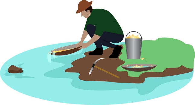 gold diggers wash sand in river to search of treasure in mine vector illustration,  search gold nugget in river from gold mine worker. gold mineral extraction