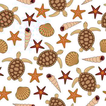 Seamless pattern with turtles and sea stars and shells. Animal world under water. Ocean vector illustration.