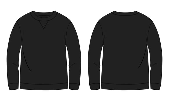 sleeve Sweatshirt technical fashion flat sketch vector illustration black color template front and back views. Fleece jersey sweatshirt sweater jumper for men's and boys.