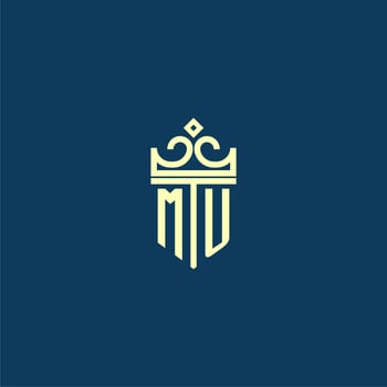 MU initial monogram shield logo design for crown vector image