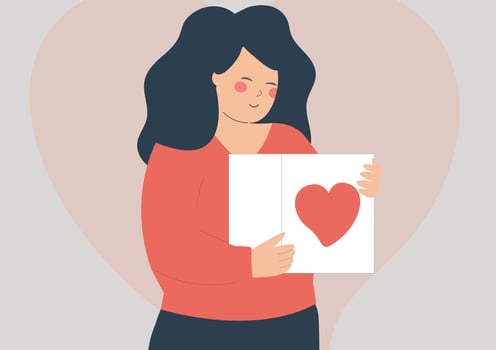 Happy woman holds donation box with a big heart symbol. Young Female Volunteer provides Humanitarian assistance and help for Charity to help people in bad circumstances. Support concept. Vector stock.