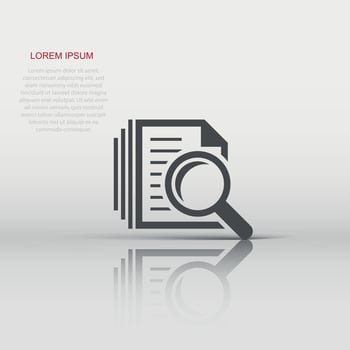 Scrutiny document plan icon in flat style. Review statement vector illustration on white isolated background. Document with magnifier loupe business concept.
