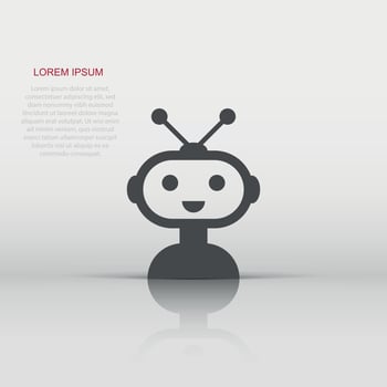 Cute robot chatbot icon in flat style. Bot operator vector illustration on white isolated background. Smart chatbot character business concept.