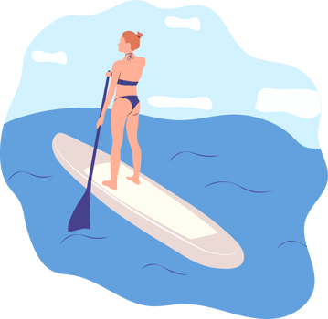 Water sports. Young woman standing on sup board isolated. Surfers and others during windsurfing, kiteboarding. png