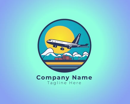 Travel logo with airplane and mountains, sun , bags, circle transport travel logo vector eps file
