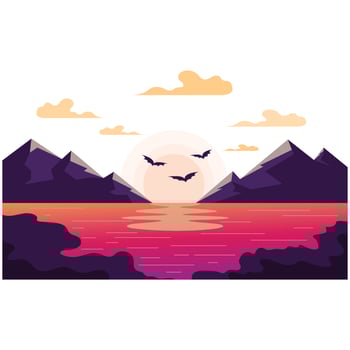 landscape illustration natural scenery background with hills,sky,moon,clouds,sun pine lake vector