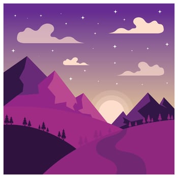 landscape illustration natural scenery background with hills,sky,moon,clouds,sun pine lake vector