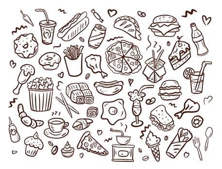 Set of fast food icons hand drawn in the doodle style.Vector illustration .Different types of fast food hand made.Brown lines on the white background vector