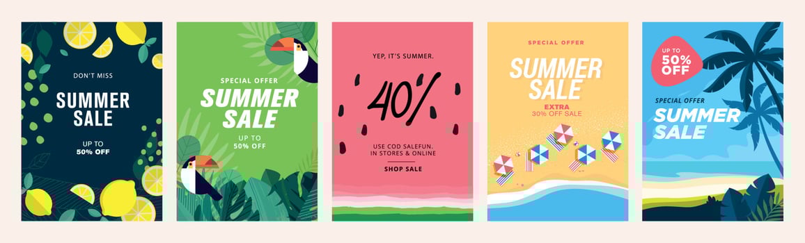 Summer sale banners and posters. Set of vector illustrations for web and social media banners, print material, newsletter designs, coupons, marketing.