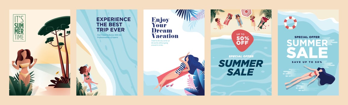 Summer sale banners and posters. Set of vector illustrations for web and social media banners, print material, newsletter designs, coupons, marketing.