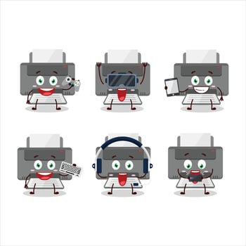 Printer cartoon character are playing games with various cute emoticons vector