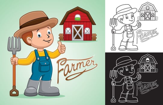 Vector cartoon of little boy farmer holding farming fork with red barn