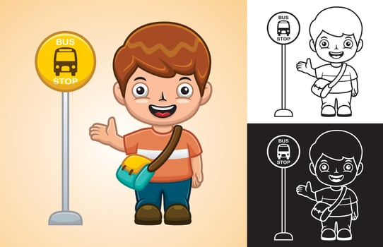 Vector cartoon of little boy standing beside bus stop sign