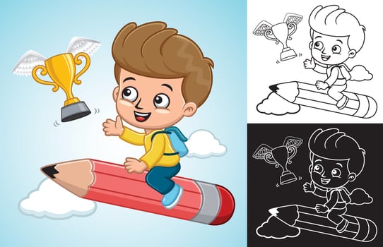 Vector cartoon of little boy on flying big pencil chasing golden trophy