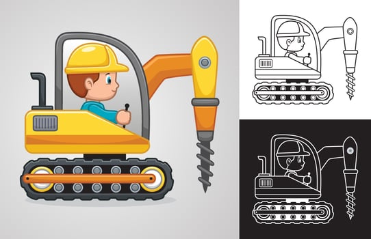 Vector cartoon of little boy on drilling machine vehicle