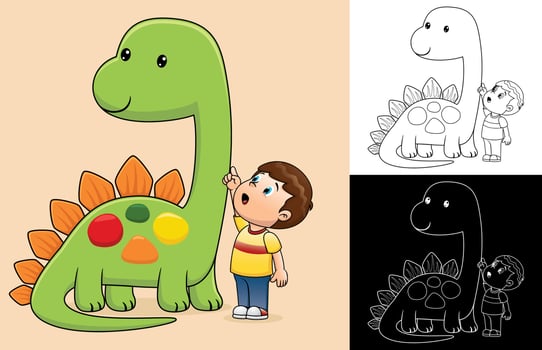 Vector cartoon of little boy with giant dinosaur