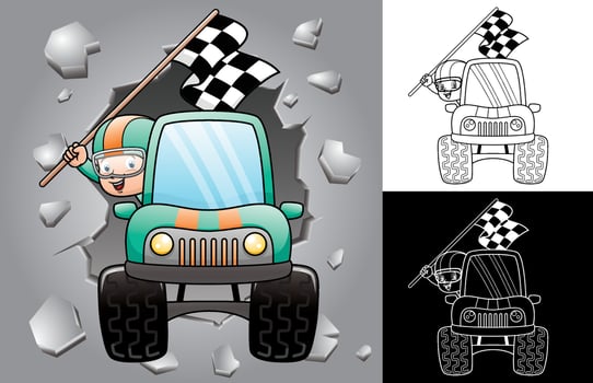 Vector cartoon of a boy holding finish flag on race truck. Coloring book or page