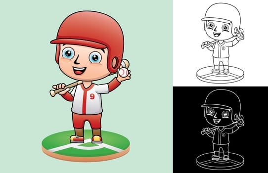 Vector cartoon of little boy in baseball uniform with baseball bat and ball
