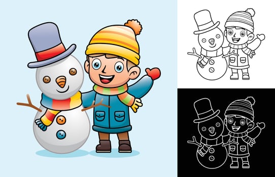 Vector cartoon of little boy in winter coat standing with funny snowman