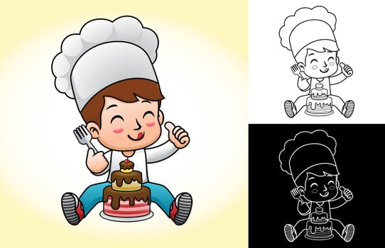 Vector cartoon of boy in chef costume holding fork for eating cake. Coloring book or page