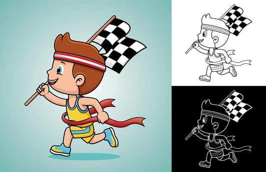 Vector cartoon of boy winning first place in running race competition while carrying finish flag