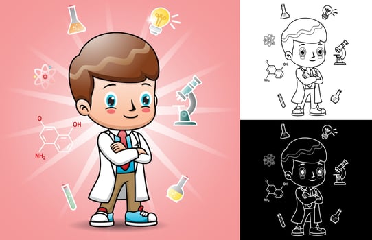 Little scientist cartoon with icon elements of laboratory equipment vector