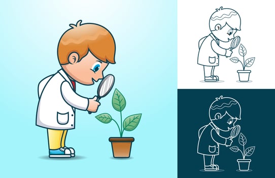 Vector illustration of little scientist cartoon examines leaf of tree through magnifying glass