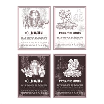 A hand-drawn set of vector funeral service banners.  Sketch illustration for condolence card and advertising of columbarium and cemetry with urn for ashes, vintage tombstone angel, wreath, cross