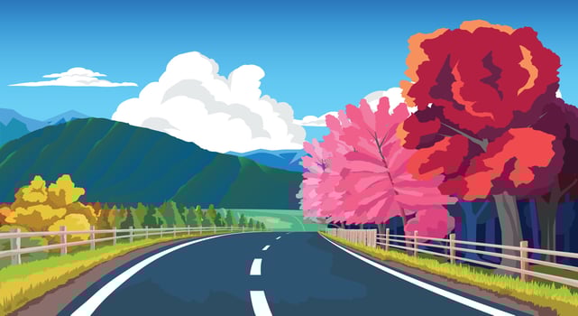 Copy Space Flat Vector Illustration. of curved asphalt road path and environment of wide open fields of spring. Colorful trees along the way and there is a wooden fence. Big mountain under blue sky.