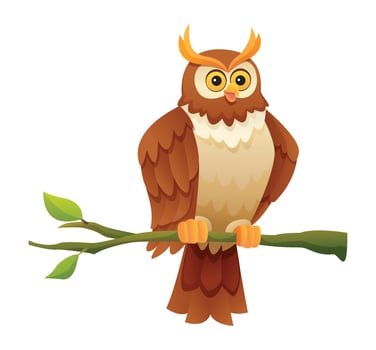 Cute owl sitting on branch cartoon illustration isolated on white background vector