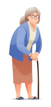 Elderly woman with a cane. Grandmother character illustration vector