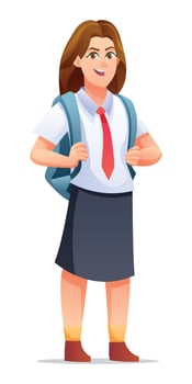 Happy school girl wearing uniform and backpack. Cartoon character illustration vector