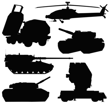 Military vehicles silhouette SET. HIMARS, Battle tank, Air defense system. Helicopter apache. Self-propelled howitzer. PNG Illustration.