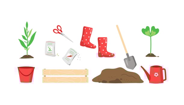Gardening Set. Vegetable seeds, rubber boots, gardening tools. Tree planting. Vector graphics, white isolated background.