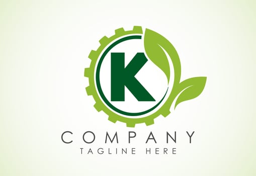 English alphabet K with gear and leaf. Eco technology logo, Green eco tech logo template design vector. Nature Industry vector