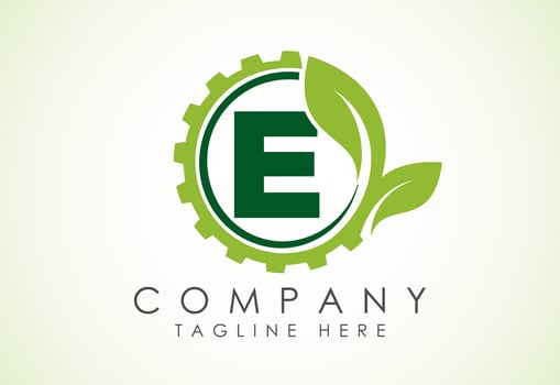 English alphabet E with gear and leaf. Eco technology logo, Green eco tech logo template design vector. Nature Industry vector