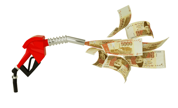 3d rendering of Pakistani Rupee notes coming out from fuel pump. red fuel nozzle with rupees flying around png