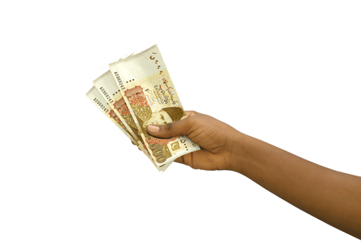 Fair hand holding 3D rendered Pakistani Rupee notes isolated on transparent background png