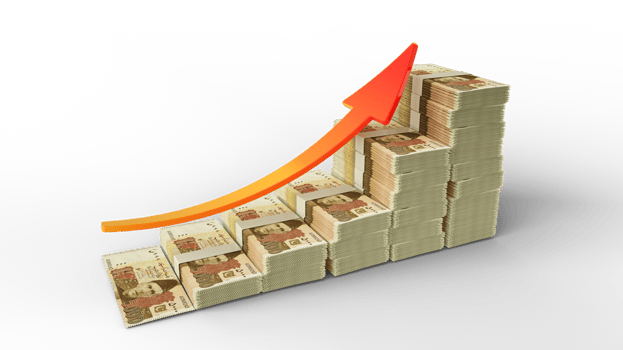 Financial growth sign made of stacks of Pakistani Rupee notes. 3D Rendering of Rupee money arranged in the form of a bar graph isolated on transparent background png