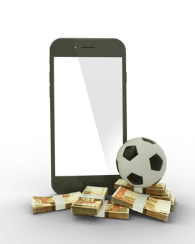 3D rendering of a mobile phone with soccer ball and stacks of Pakistani Rupee notes isolated on  transparent background. png