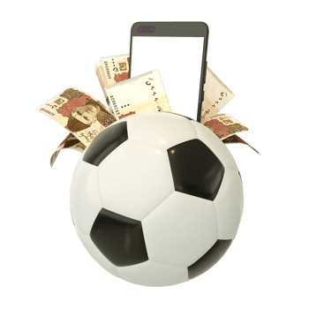 3d rendering of Pakistani Rupee notes and phone behind soccer ball. Sports betting, soccer betting concept isolated on transparent background. mockup png