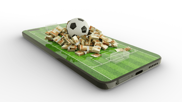 3d rendering of Mobile phone Soccer betting. Football and Pakistani Rupee notes on phone screen. Soccer field on smartphone screen isolated on transparent  background. bet and win concept png